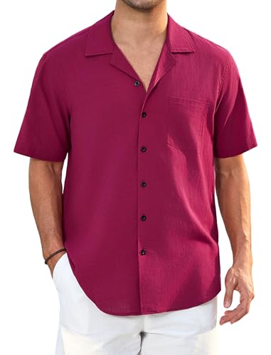 Enlision Leinen Hemden Herren Burgundy Kurzarm Hemd Button Down Regular Fit Beach Sommerhemd Freizeithemden für Herren M von Enlision