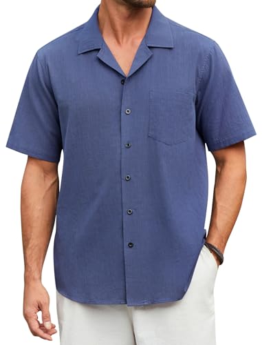 Enlision Leinen Hemden Herren Dunkelblau Kurzarm Hemd Button Down Regular Fit Beach Sommerhemd Freizeithemden für Herren 4XL von Enlision