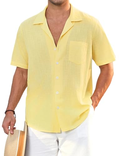 Enlision Leinen Hemden Herren Kurzarm Gelbes Hemd Sommer Freizeithemd Casual Leichtes Beach Herrenhemd Regular Fit L von Enlision