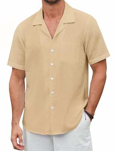 Enlision Leinen Hemden Herren Kurzarm Hemd Beige Sommer Freizeithemd Casual Leichtes Beach Herrenhemd Regular Fit 4XL von Enlision