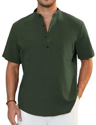Enlision Leinenhemd Herren Armee Grün Hemd Kurzarm Sommerhemd Ohne Kragen Herrenhemd Baumwolle Leinen Hemden Kurzarmhemd Freizeithemden Strandhemd 2XL von Enlision