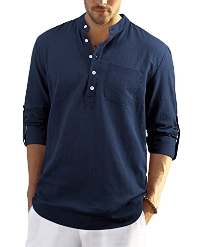 Enlision Leinenhemd Herren Hemd Langarm Navy blau Sommerhemd Herren Regular Fit Freizeithemd mit Brusttasche Henley Shirt 3XL von Enlision