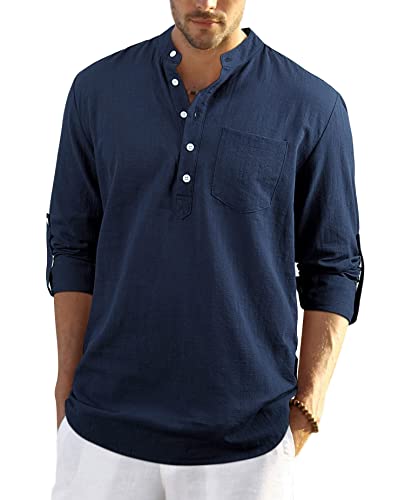 Enlision Leinenhemd Herren Hemd Langarm Navy blau Sommerhemd Herren Regular Fit Freizeithemd mit Brusttasche Henley Shirt 4XL von Enlision