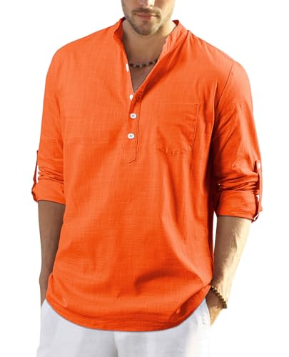 Enlision Leinenhemd Herren Hemd Langarm Orange Sommerhemd Herren Regular Fit Freizeithemd mit Brusttasche Henley Shirt 4XL von Enlision