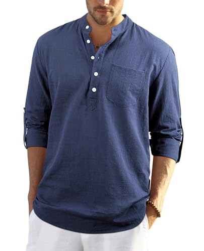 Enlision Leinenhemd Herren Hemd Langarm Smog Blau Sommerhemd Herren Regular Fit Freizeithemd mit Brusttasche Henley Shirt 4XL von Enlision