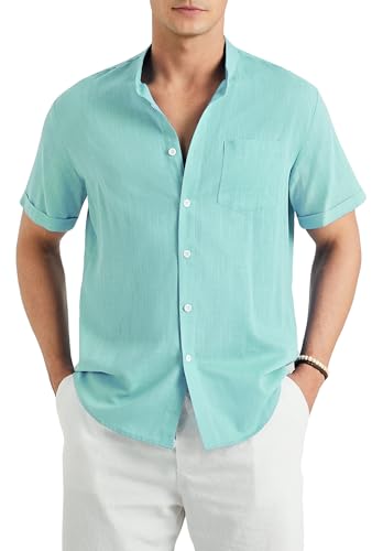 Enlision Leinenhemd Herren Kurzarm Aqua Hemd Herren Sommerhemd Freizeithemden Herren mit Brusttasche Henley Shirt Strandhemd XXL von Enlision