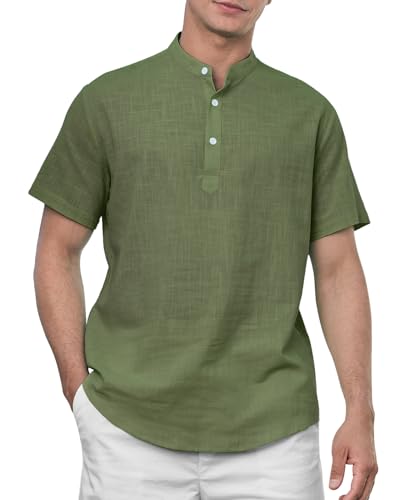 Enlision Leinenhemd Herren Kurzarm Armeegrün Hemd Leichtes Sommerhemd Herren Freizeithemden für Männer Henley Shirt Baumwolle Hemden Regular Fit L von Enlision