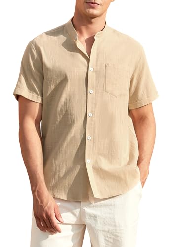 Enlision Leinenhemd Herren Kurzarm Beige Hemd Herren Sommerhemd Freizeithemden für Männer mit Brusttasche Henley leinen Shirt Strandhemd M von Enlision