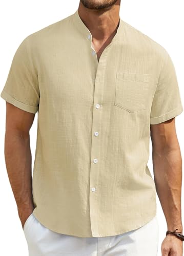 Enlision Leinenhemd Herren Kurzarm Beige Hemd Herren Sommerhemd Freizeithemden für Männer mit Kragenloses Henley leinen Shirt Strandhemd XL von Enlision