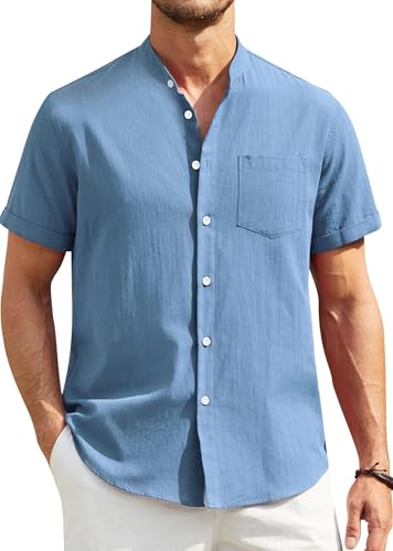 Enlision Leinenhemd Herren Kurzarm Blau Leichtes Sommerhemd Freizeithemden für Männer Button Down Regular Fit Musselin Hemden Herren für Strand Hochzeit M von Enlision
