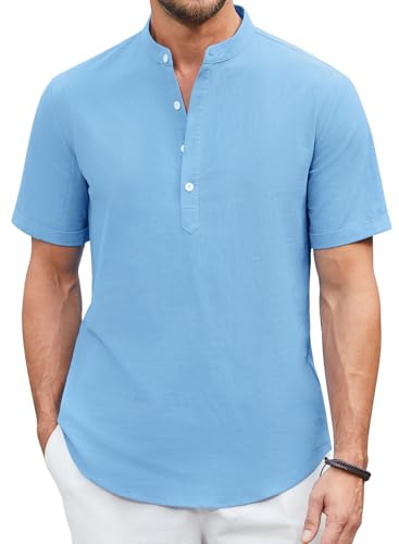 Enlision Leinenhemd Herren Kurzarm Blau Sommerhemd Hemd Ohne Kragen Herren Freizeithemd Stehkragenhemd Regular Fit Henley Shirt 3XL von Enlision