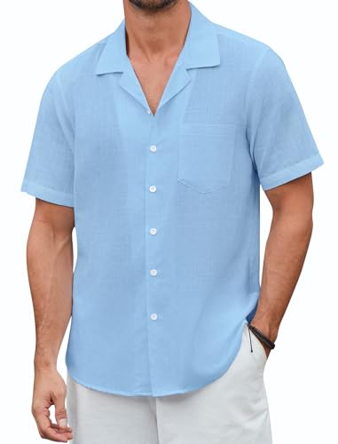 Enlision Leinenhemd Herren Kurzarm Hellblau Button Down Hemden Regular Fit Freizeithemden Sommer Oberhemden Herren 3XL von Enlision