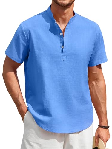 Enlision Leinenhemd Herren Kurzarm Leinen Hemd Ohne Kragen Leichtes Sommerhemd Herren Hemden Königsblau Freizeithemden für Männer Regular Fit XL von Enlision