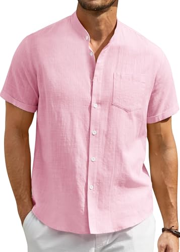 Enlision Leinenhemd Herren Kurzarm Rosa Hemd Herren Sommerhemd Freizeithemden für Männer mit Ohne Kragen Henley Shirt Strandhemd XL von Enlision