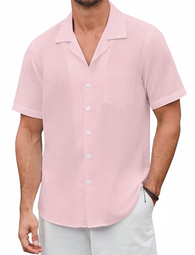 Enlision Leinenhemd Herren Kurzarm Rosa Hemd Sommer Regular Fit Freizeithemd Leichtes Beach Hemd Männer 2XL von Enlision