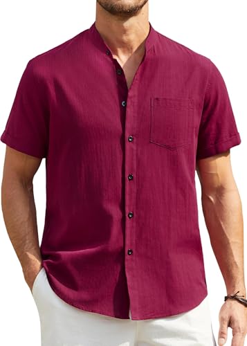 Enlision Leinenhemd Herren Kurzarm Rot Hemden Herren Leichtes Sommer Freizeithemden für Männer Button Down Musselin Hemden Ohne Kragen für Strand Hochzeit XXL von Enlision