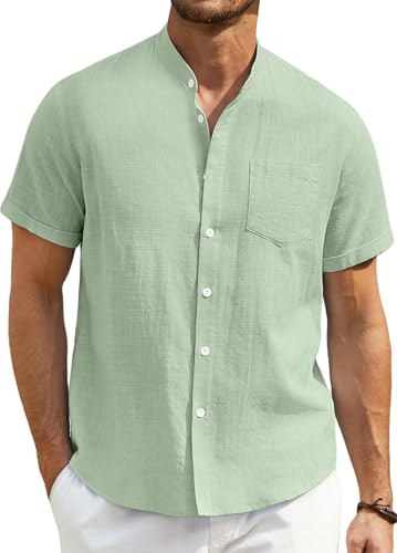 Enlision Leinenhemd Herren Kurzarm Salbeigrün Leichtes Sommerhemd Freizeithemden für Herren Musselin Hemd mit Ohne Kragen für Strand Hochzeit M von Enlision