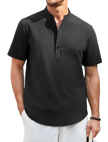 Enlision Leinenhemd Herren Kurzarm Schwarz Sommerhemd Hemd Ohne Kragen Herren Freizeithemd Stehkragenhemd Regular Fit Henley Shirt 3XL von Enlision