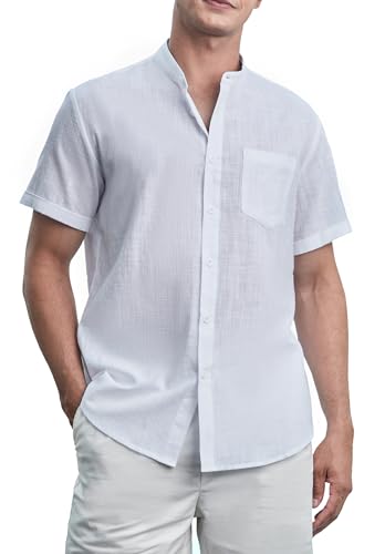 Enlision Leinenhemd Herren Kurzarm Weiß Hemd Herren Sommerhemd Freizeithemden Herren mit Brusttasche Henley Shirt Strandhemd XXL von Enlision
