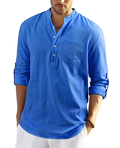 Enlision Leinenhemd Herren Langarm Blau Henley Sommerhemd für Männer Hawaii Baumwolle Kragenloses Hemd 3XL von Enlision