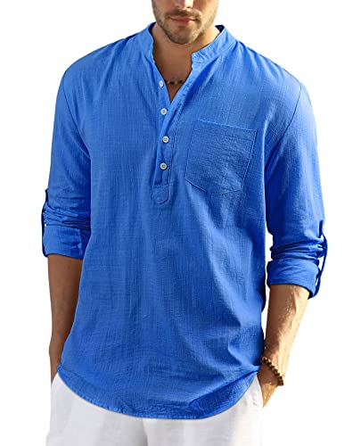 Enlision Leinenhemd Herren Langarm Blau Henley Sommerhemd für Männer Hawaii Baumwolle Kragenloses Hemde XXL von Enlision