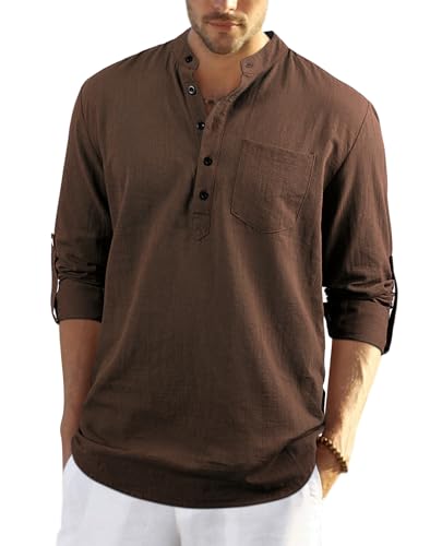 Enlision Leinenhemd Herren Langarm Braun Henley Sommerhemd für Männer Baumwolle Kragenloses Hemd für Geschäft 2XL von Enlision