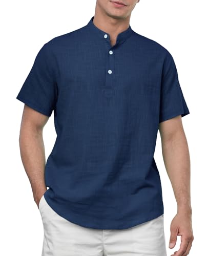 Enlision Leinenhemd Herren Marineblau Kurzarm Sommer Hemd Herren Leichtes Freizeithemden für Männer Ohne Kragen Henley Shirt Hemden Regular Fit 2XL von Enlision