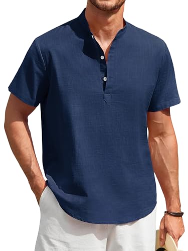 Enlision Leinenhemd Herren Marineblau Kurzarm Sommer Hemd Herren Leichtes Freizeithemden für Männer Ohne Kragen Henley Shirt Hemden Regular Fit 4XL von Enlision