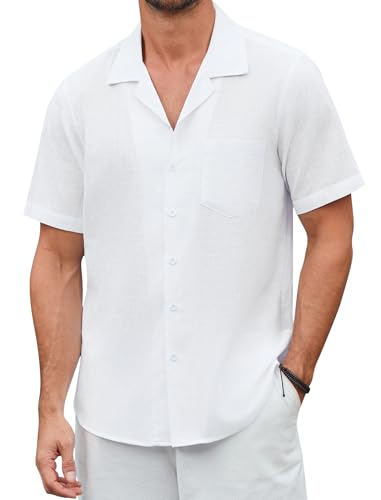Enlision Leinenhemd Herren Weiß Hemd Kurzarm Herren Sommer Freizeithemd Leichtes Beach Hemd Regular Fit 2XL von Enlision