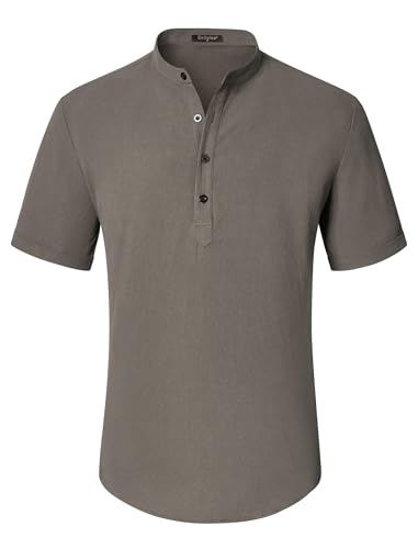 Enlision Braun Leinenhemd Herren Hemd Kurzarm Sommerhemd Freizeithemd Strandhemd Ohne Kragen Hemd Herren Henley Shirt Regular Fit M von Enlision