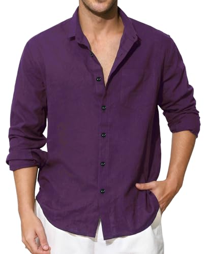 Enlision Lila Leinenhemd Herren Hemd Langarm Baumwolle Leichtes Freizeithemd Sommerhemd Regular Fit Locker Henley Shirt Hemden mit Brusttasche 4XL von Enlision