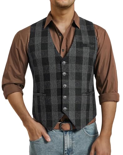 Enlision Herren Anzugweste Marineblau Herringbone Kariert Wolle Formale Tweed Regular Fit Hochzeit Weste Herren Vintage Plaid Ärmellose XL von Enlision