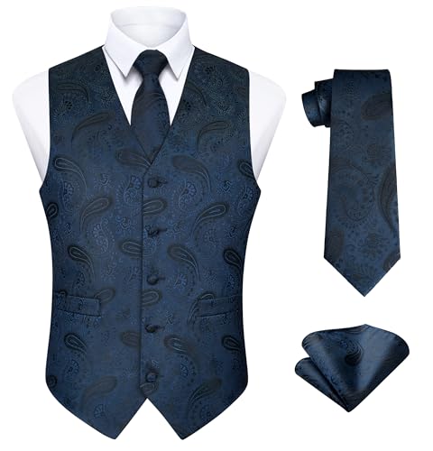 Enlision Marineblau Anzugweste Herren Paisley Hochzeit Weste Krawatte Einstecktuch Party Anzug Weste Set 4XL von Enlision