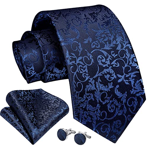 Enlision Marineblau Krawatte Herren Seide Hochzeit Krawatten und Einstecktuch mit Manschettenknöpfe Set Elegant Floral Einfarbig Seidenkrawatte mit Taschentuch Business Party von Enlision