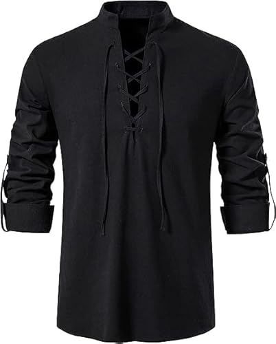 Enlision Renaissance Hemd Herren Langarm Mittelalter Pirat Hemd Herren LeinenHemd Schnürhemd Vintage Kostüm Schwarz S von Enlision