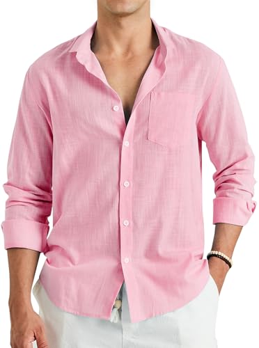 Enlision Rosa Leinenhemd Herren Hemd Langarm Baumwolle Leichtes Freizeithemd Sommerhemd Regular Fit Locker Henley Shirt Hemden mit Brusttasche 4XL von Enlision