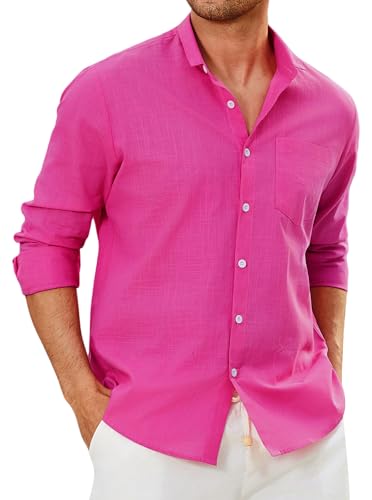 Enlision Rosa Leinenhemd Herren Langarm Hemd Herren Fuchsia Baumwolle Leichtes Sommerhemd Freizeithemd Regular Fit Hemden Henley Shirt Sommer M von Enlision