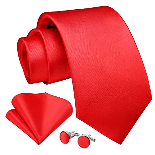 Enlision Rot Krawatte Herren Seide Hochzeit Krawatten und Einstecktuch mit Manschettenknöpfe Set Elegant Einfarbig Seidenkrawatte mit Taschentuch Business Party von Enlision