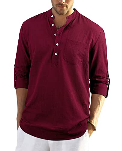 Enlision Rot Leinenhemd Herren Langarm Hawii Strandhemd für Männer Sommerhemd Regular Fit mit Brusttasche XXL von Enlision