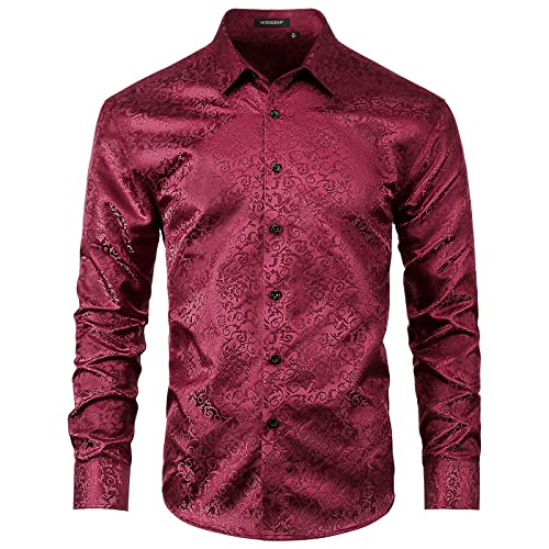 Enlision Satin Freizeithemd Herren Seide Blumen Muster Weinrot Hemden Casual Langarm Regular Fit Jacquard Hemden Button Down Freizeithemden für Herren von Enlision