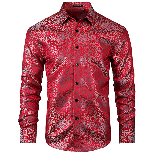 Enlision Satin Freizeithemd Herren Seide Blumen Muster Weinrot Hemden Casual Langarm Regular Fit Jacquard Hemden Button Down Freizeithemden für Herren von Enlision