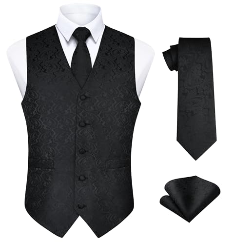 Enlision Schwarz Anzugweste Herren Paisley Hochzeit Weste Krawatte Einstecktuch Party Anzug Weste Set S von Enlision