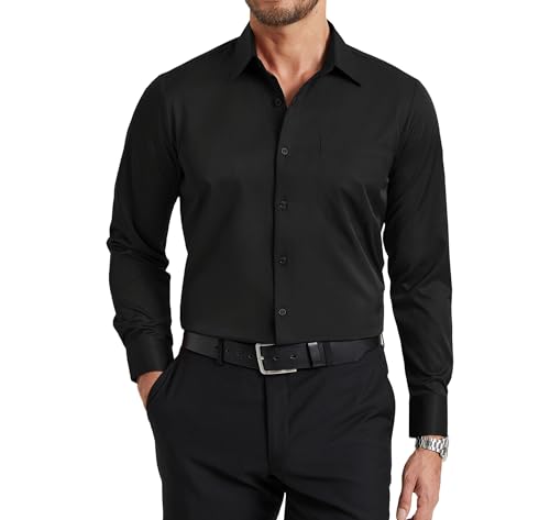 Enlision Schwarz Hemden Herren Bügelfrei Stretch Langarm Businesshemden Regular Fit Formelle Büro Anzughemd mit Tasche XXL von Enlision