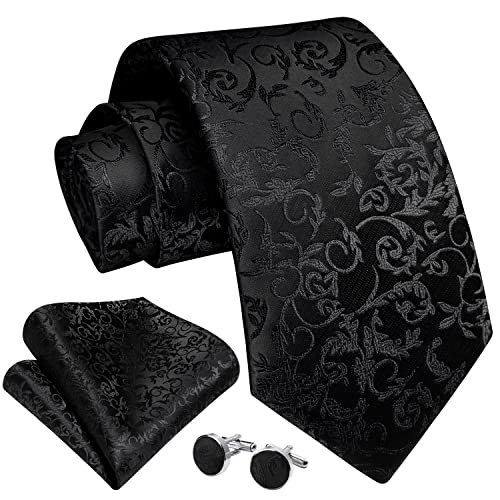 Enlision Schwarz Krawatte Herren Seide Hochzeit Krawatten und Einstecktuch mit Manschettenknöpfe Set Elegant Floral Einfarbig Seidenkrawatte mit Taschentuch Business Party von Enlision