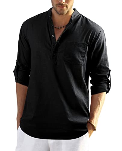 Enlision Schwarz Leinenhemd Herren Hemd Langarm Sommerhemd Herren Regular Fit Freizeithemd mit Brusttasche Henley Shirt 4XL von Enlision