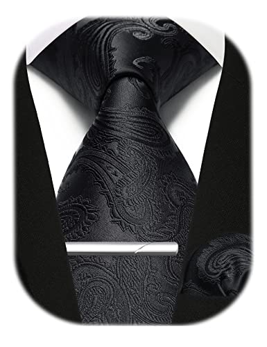 Enlision Krawatte Schwarz Herren Paisley Krawatten und Einstecktuch krawattenklammer Set Krawatte Taschentuch Krawattennadel Männer Business Hochzeit,Schwarz,Einheitsgröße von Enlision