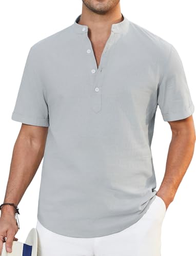 Enlision Sommerhemden Herren Kurzarm Hell Grau Leinenhemd Herren Ohne Kragen Hemd Freizeithemden für Männer Strandhemd Henley Shirt Regular Fit 4XL von Enlision
