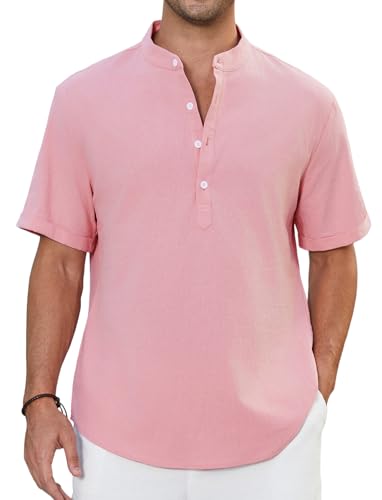 Enlision Sommerhemden Herren Kurzarm Rosa Leinenhemd Herren Ohne Kragen Hemd Freizeithemden für Männer Strandhemd Henley Shirt Regular Fit 4XL von Enlision