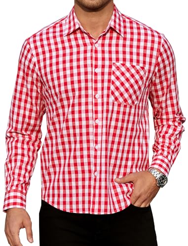 Enlision Rot Weiß Kariertes Hemd Herren Langarm Trachtenhemd Kariert Hemden Freizeithemd Herrenhemd Karohemd für Männer Oktoberfest Herren Outfit XXL von Enlision