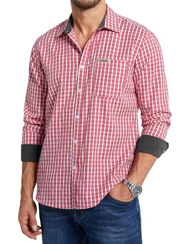 Enlision Trachtenhemd Herren Rote Kariertes Hemd Herren Oktoberfest Rot Weiss Bayrisches Freizeithemd für Männer mit Tasche Karo Hemden Langarm für Sommer Frühling 4XL von Enlision
